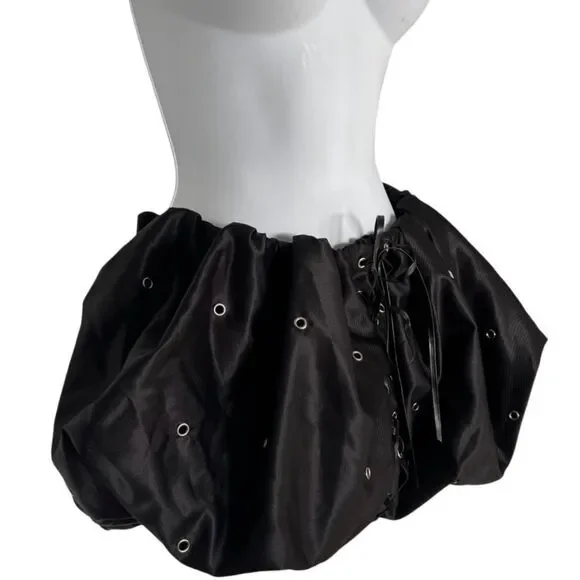 Black Satin Bubble Mini Skirt with Lace-Up Detail Size S - Picture 2 of 8